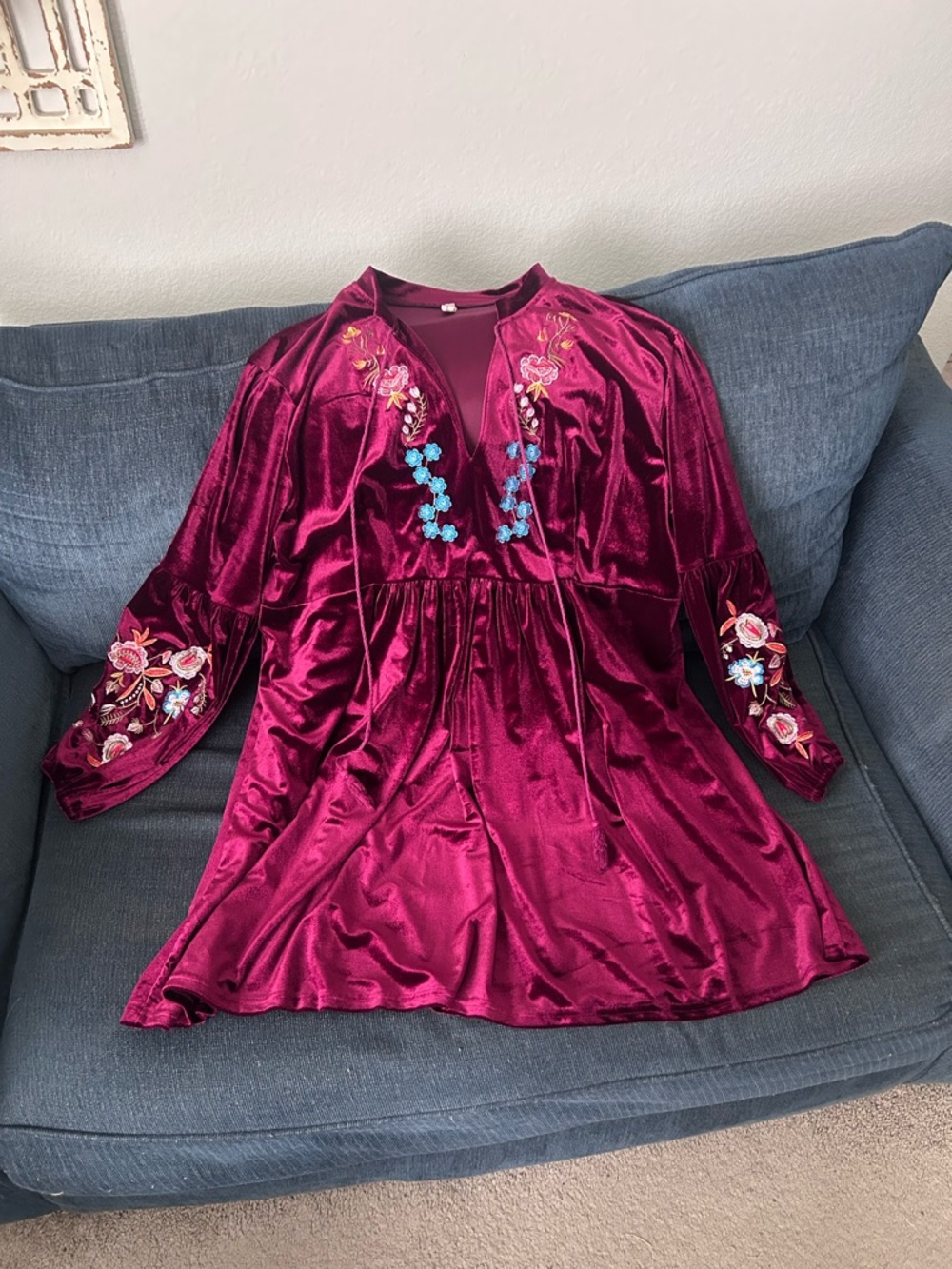 Boho Embroidered Velvet Dress - Burgundy